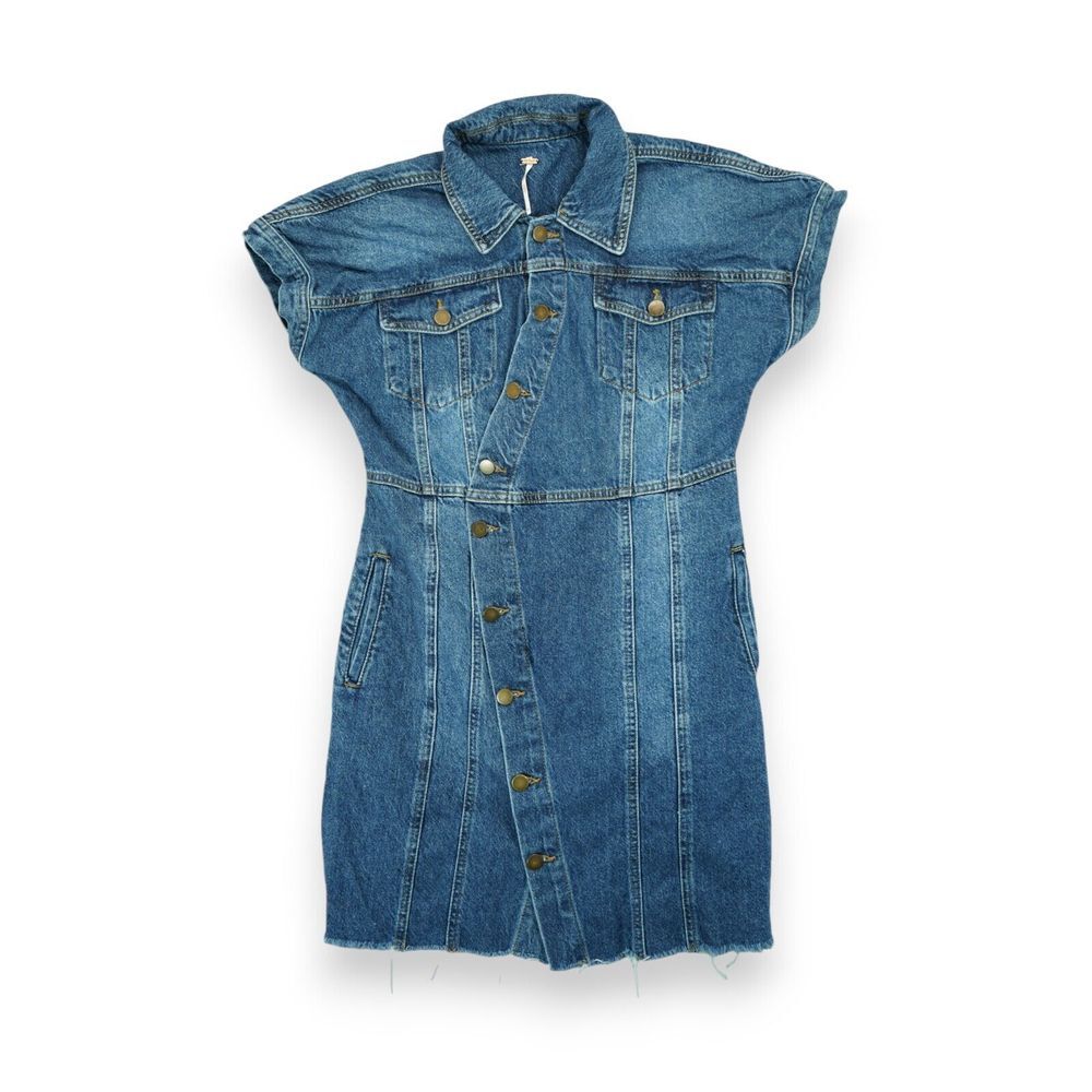 Free People Women's The City Asymmetrical Blue Denim Jean Frayed Mini Dress Sz M